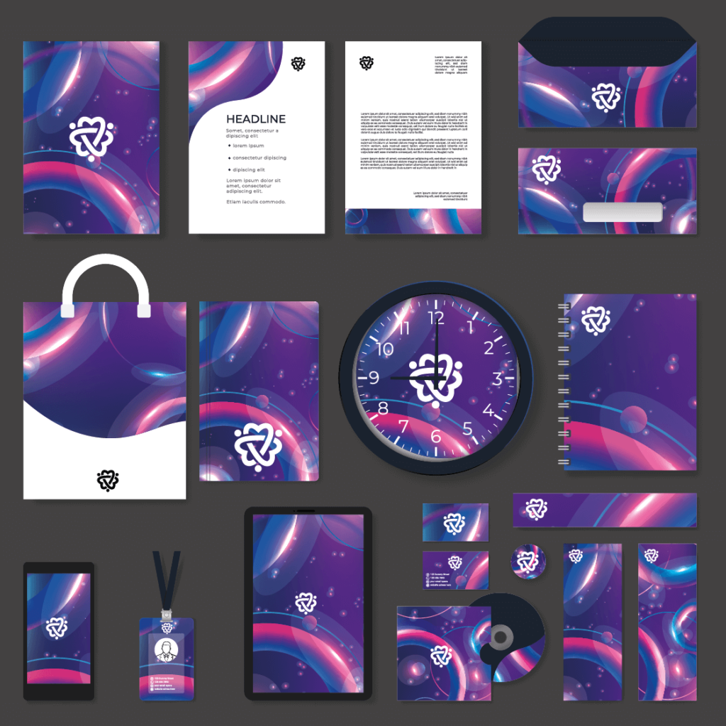 Diseño de identidad visual completa con branding aplicado a productos y papelería - Exora